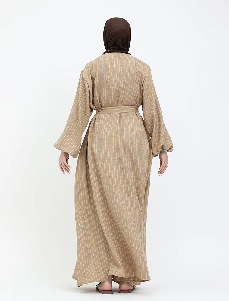 Camel Stripe Linen Feel Essential Abaya